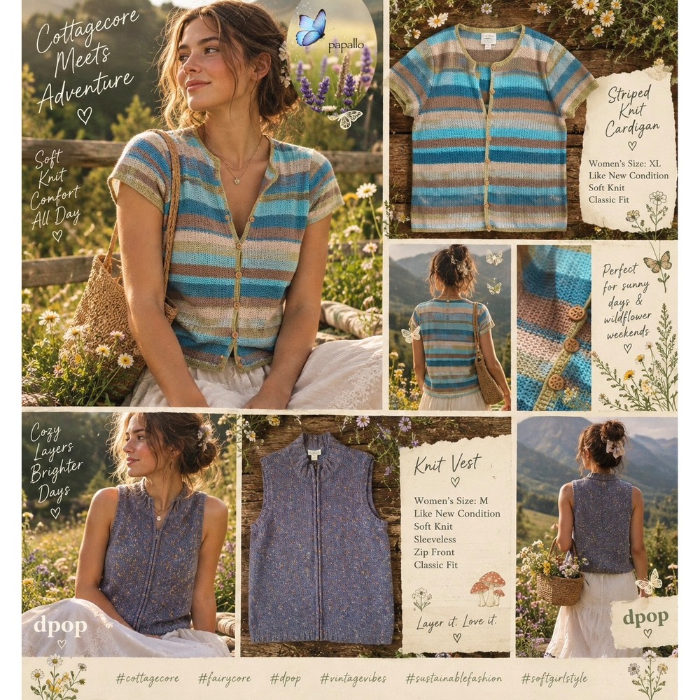 Fairycore/Cottagecore Knit Bundle Striped Cardigan and Zip Front Vest XL M